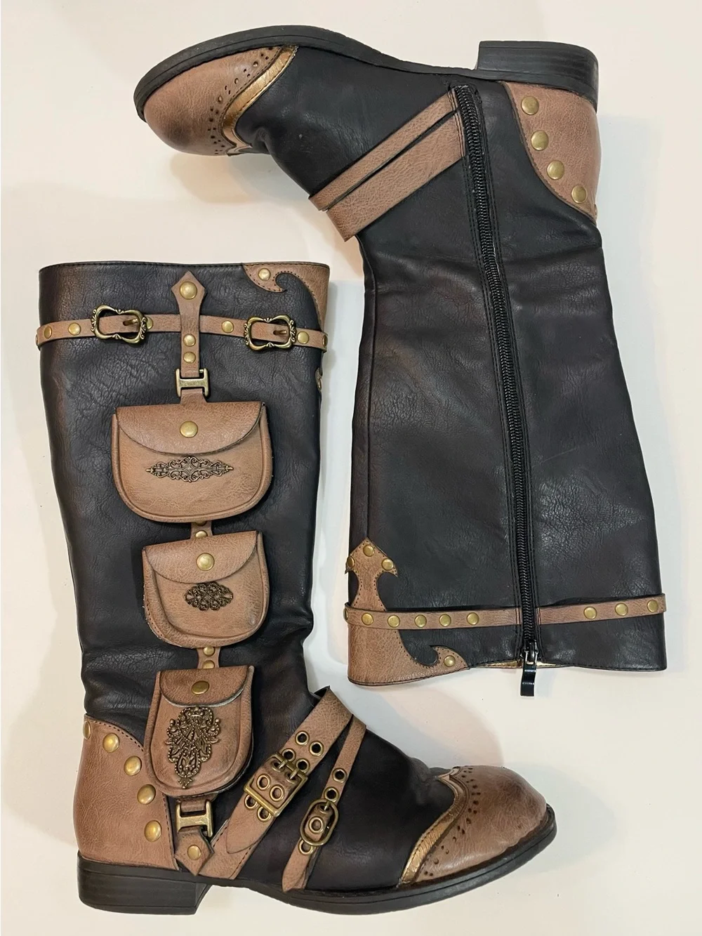 Ellie Black Tan Boots w Pouches & Buckles - Victorian Western Steampunk Cosplay - Picture 1 of 16